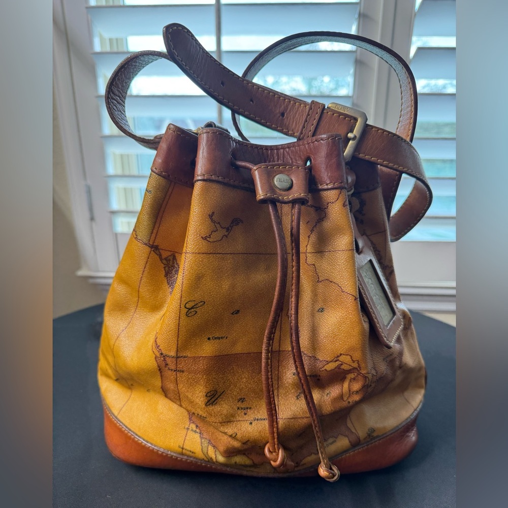Alviero Martini Yellow Map-Print Bucket Shoulder Bag with Brown Trim